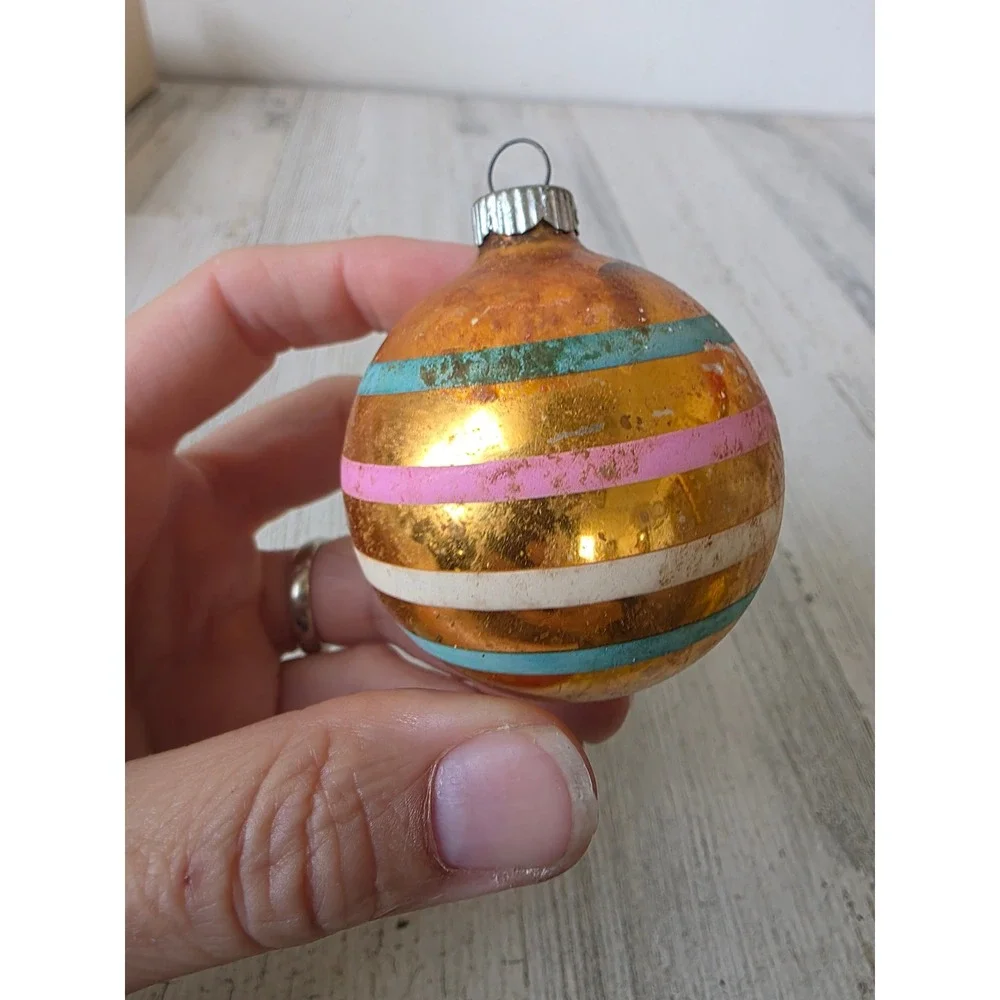 Vintage shiny Brite copper striped glass ornament green pink Xmas tree